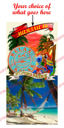 Beachy design with your choice of upper banner saying Cornhole Decal Wraps