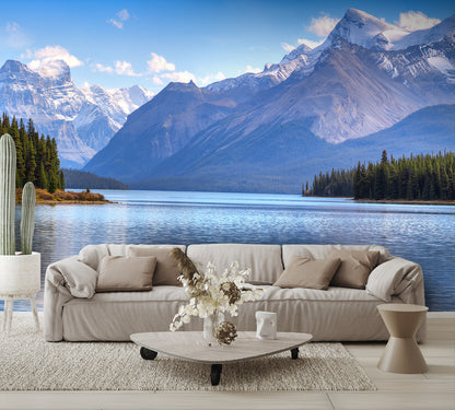 Maligne Lake View Wallpaper Mountain Wallpaper Mural living room couch