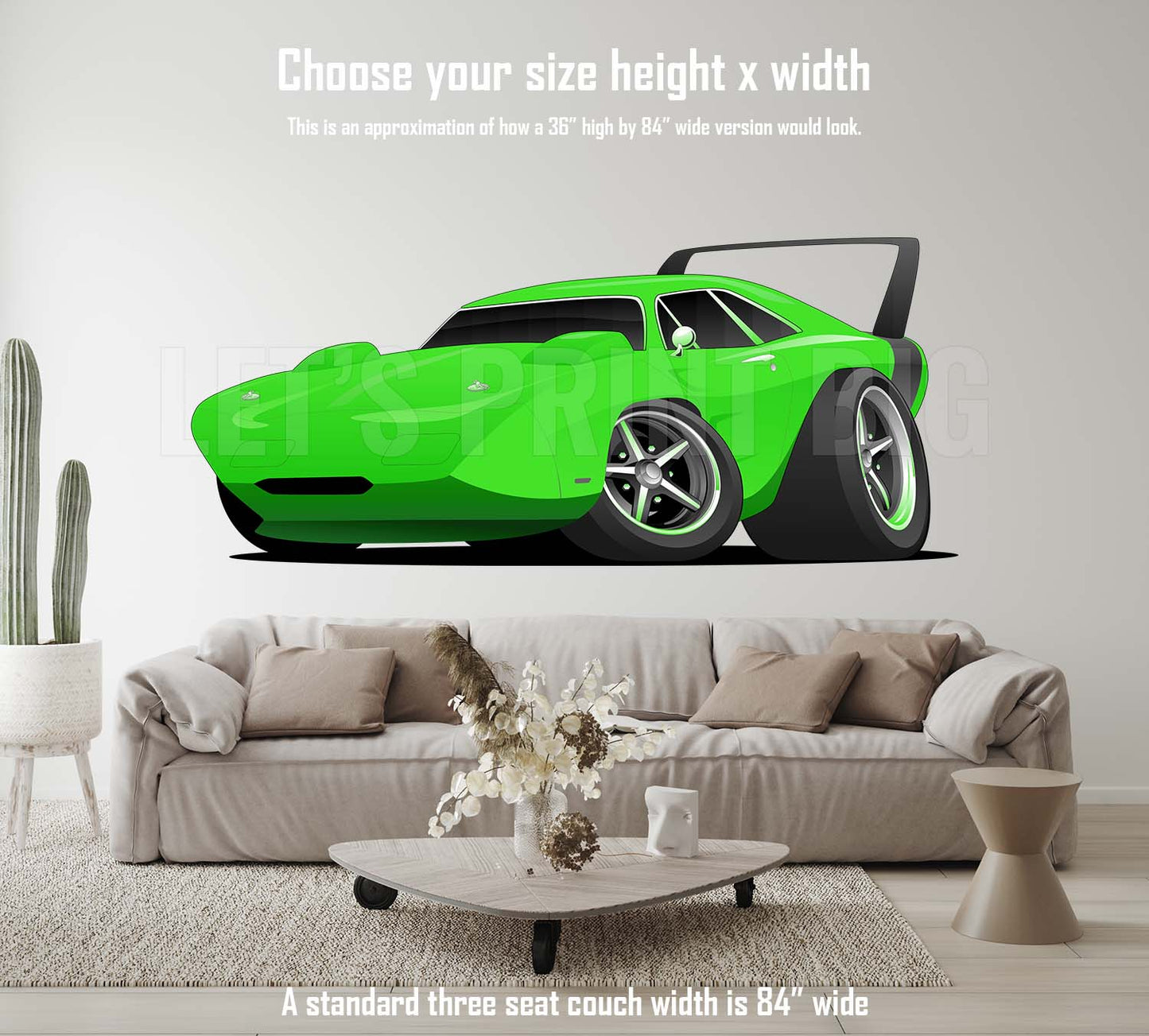 Car Art Plymouth Superbird Muscle Car Cartoon 17 Lime Green with Black Wing Wall Decal