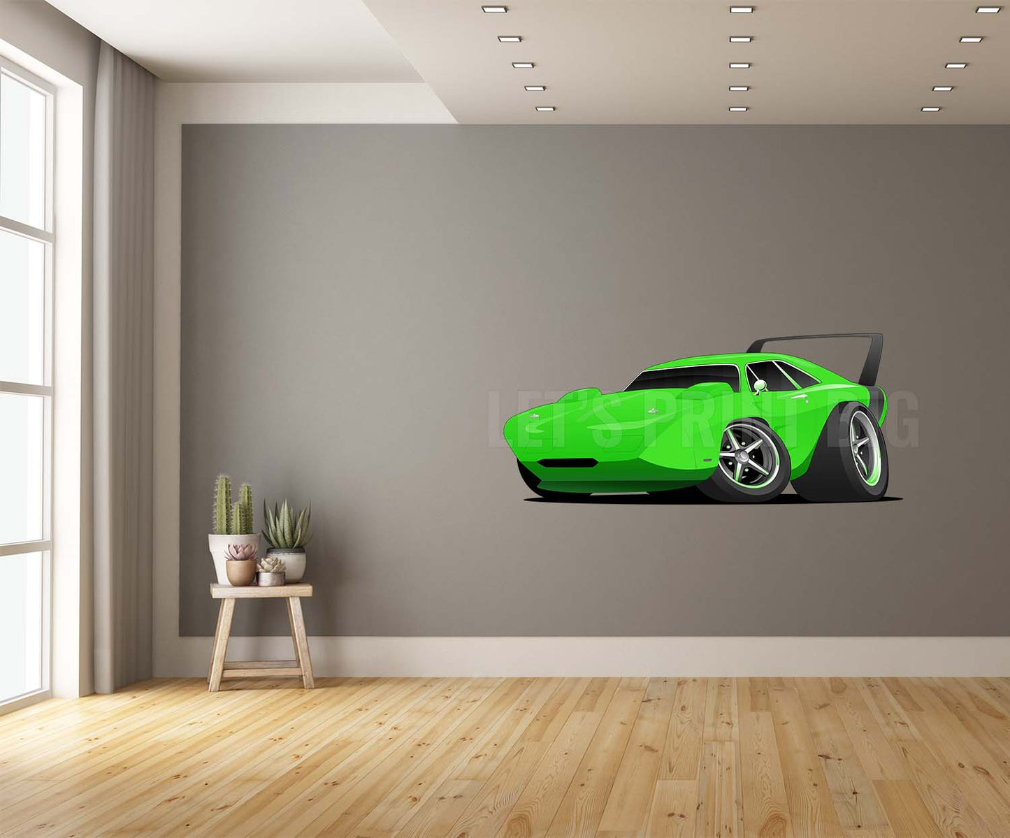 Car Art Plymouth Superbird Muscle Car Cartoon 17 Lime Green with Black Wing Wall Decal
