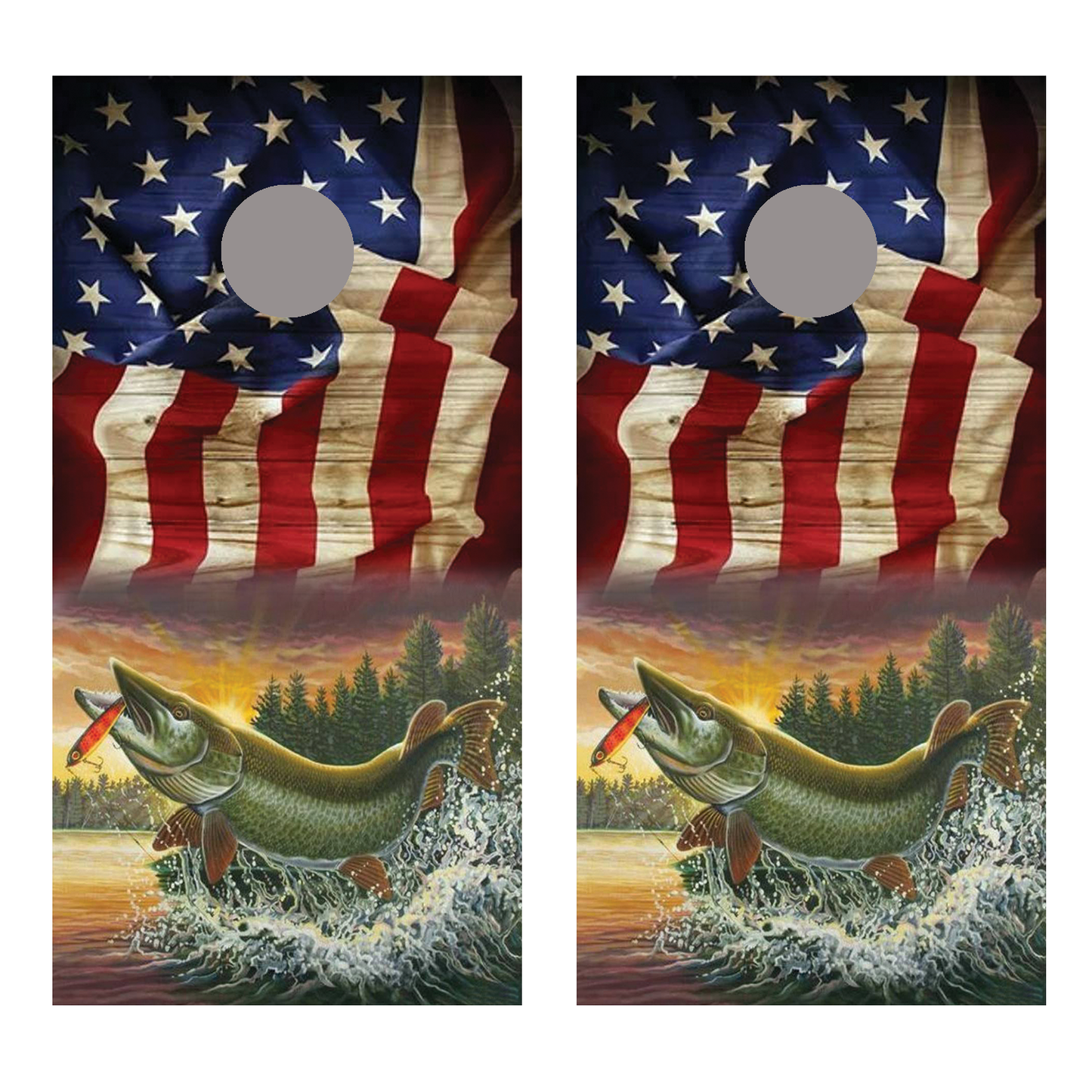 Muskie And Flag Design A Corn Hole Board Decal Wrap