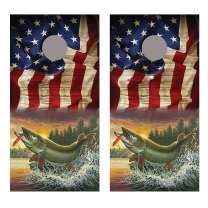 Muskie And Flag Design A Corn Hole Board Decal Wrap