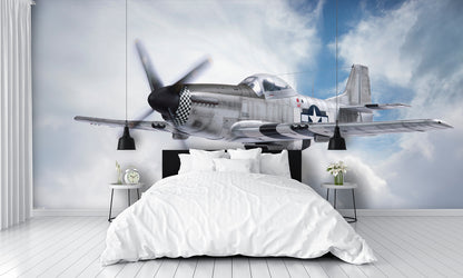 P-51 Mustang Airplane Flying in the Clouds Wallpaper Mural