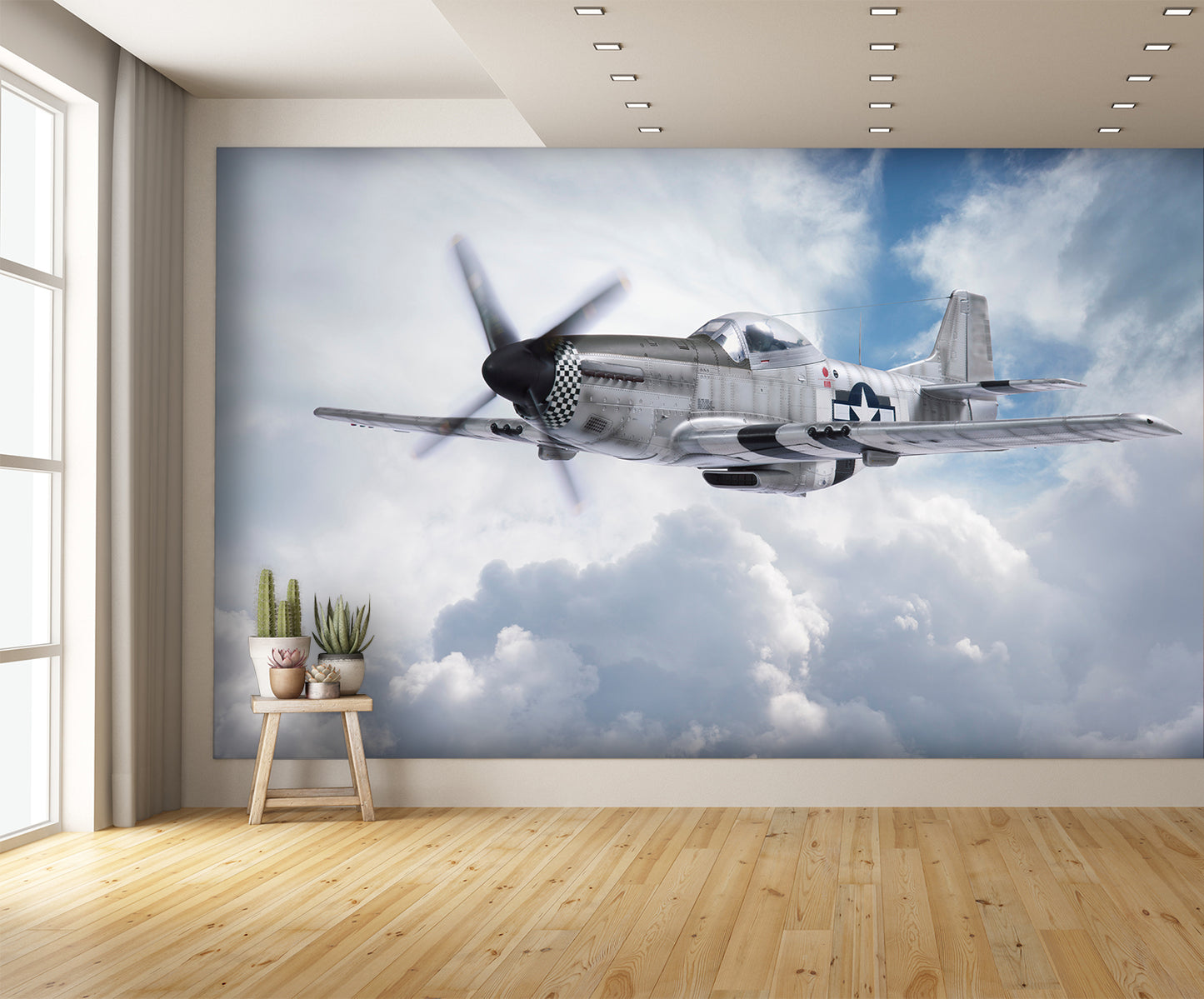 P-51 Mustang Airplane Flying in the Clouds Wallpaper Mural