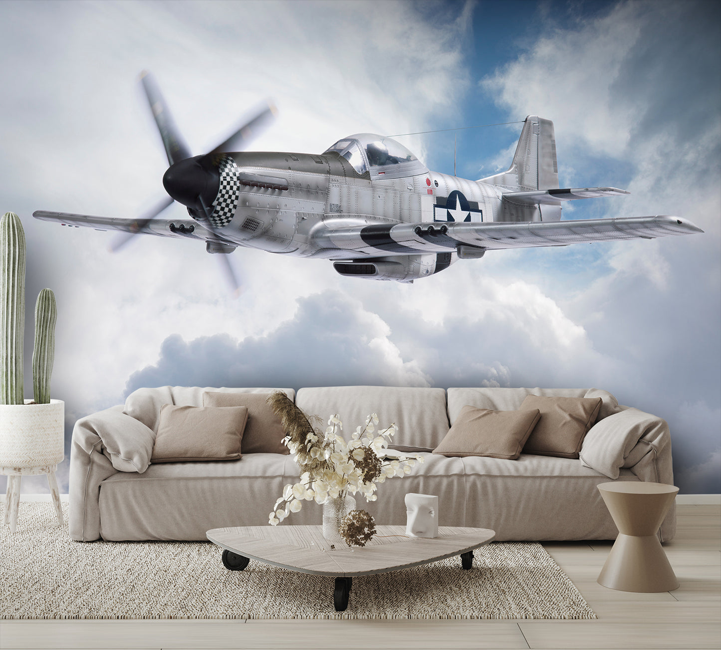 P-51 Mustang Airplane Flying in the Clouds Wallpaper Mural