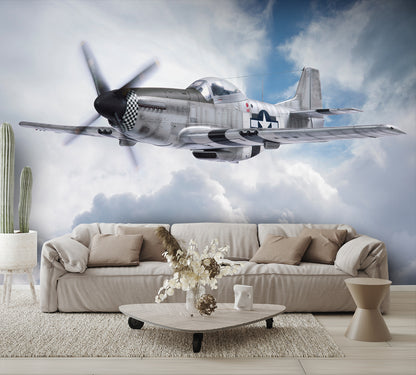 P-51 Mustang Airplane Flying in the Clouds Wallpaper Mural