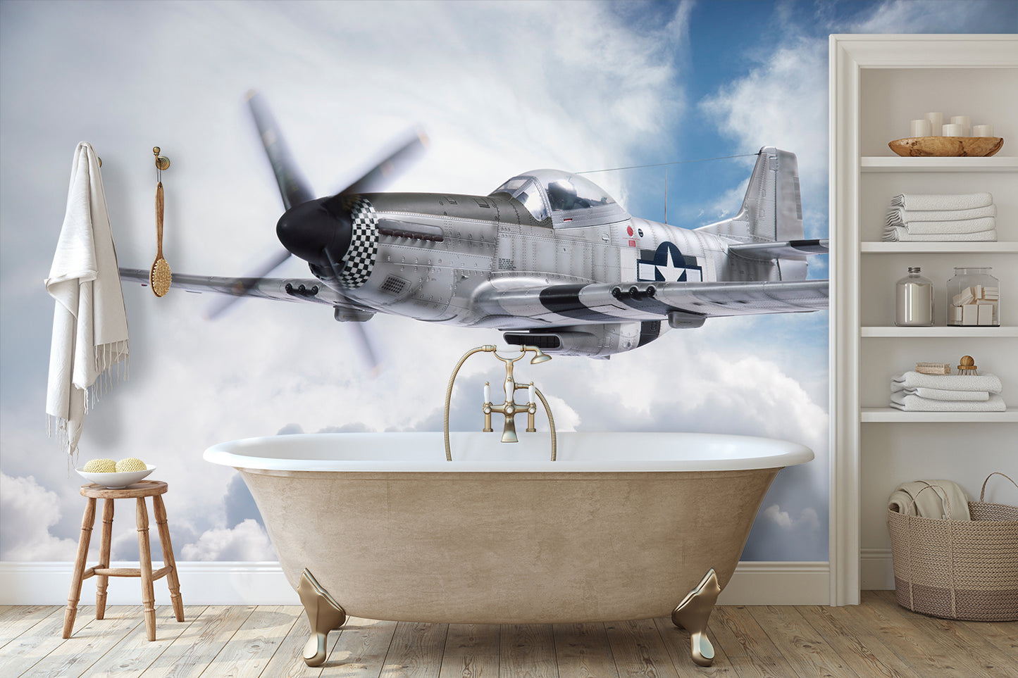 P-51 Mustang Airplane Flying in the Clouds Wallpaper Mural