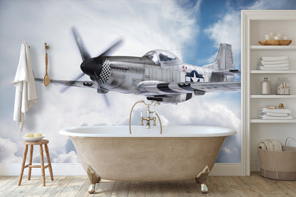 P-51 Mustang Airplane Flying in the Clouds Wallpaper Mural