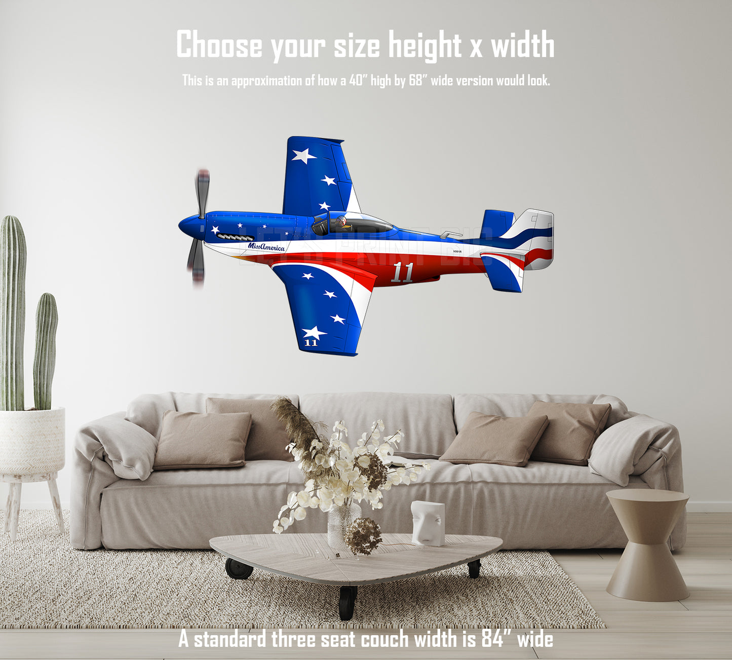 P51 Mustang Miss America Flying Cartoon Airplane Art Wall Decal