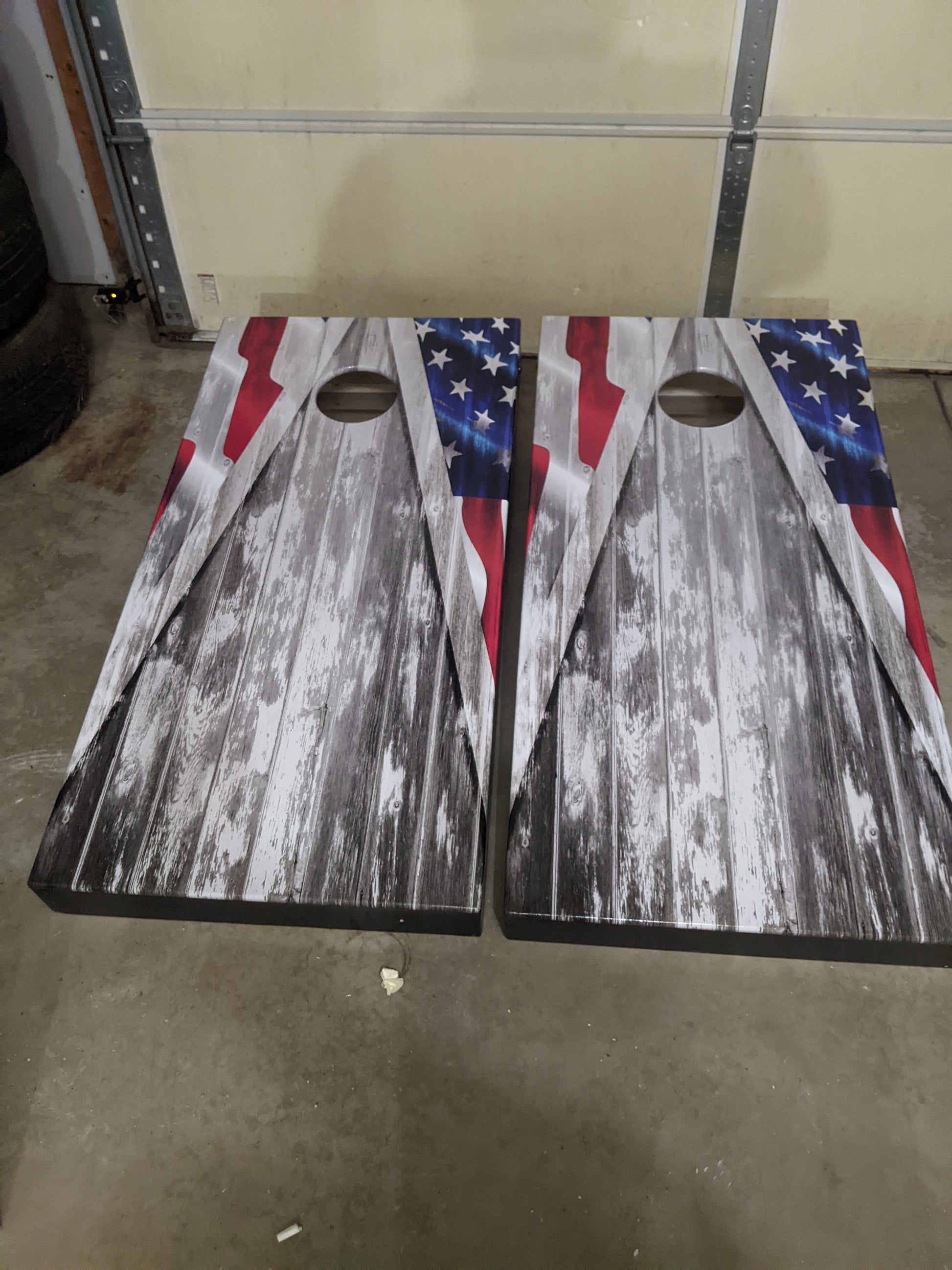 American Flag Cornhole Gray Wood Triangle Board Decal Wrap customer image 1