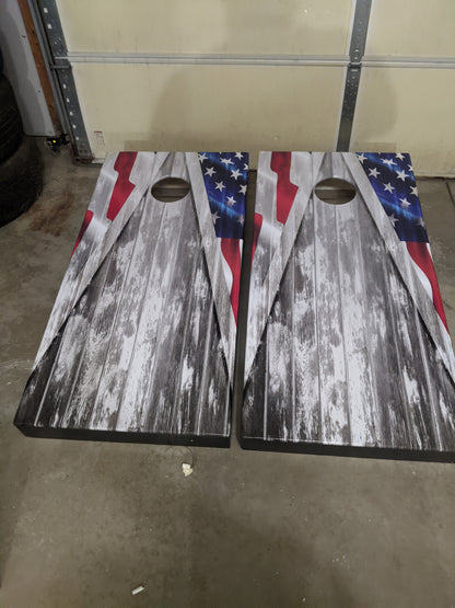 American Flag Cornhole Gray Wood Triangle Board Decal Wrap customer image 1