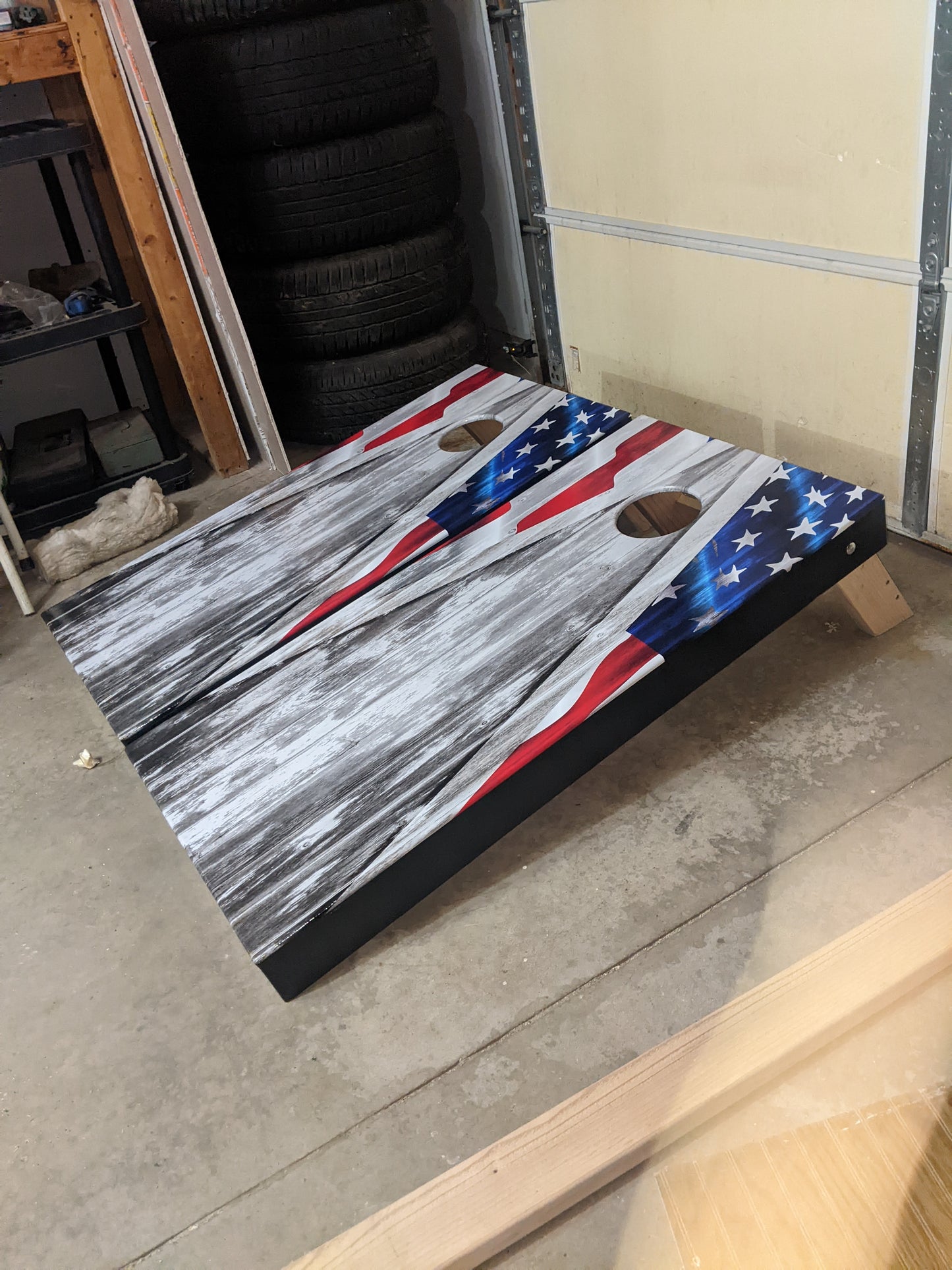 American Flag Cornhole Gray Wood Triangle Board Decal Wrap customer image 2