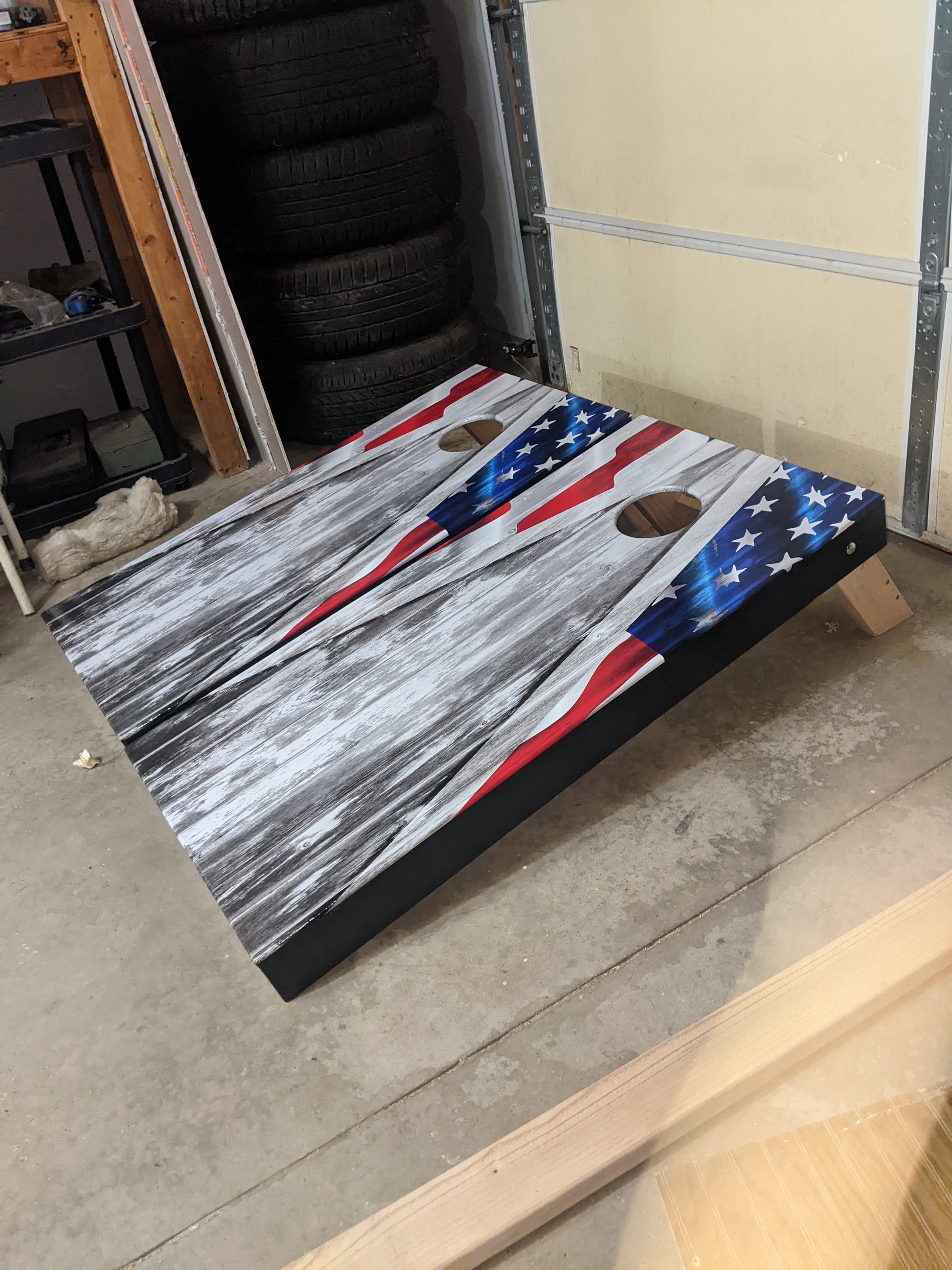 American Flag Cornhole Gray Wood Triangle Board Decal Wrap customer image 2