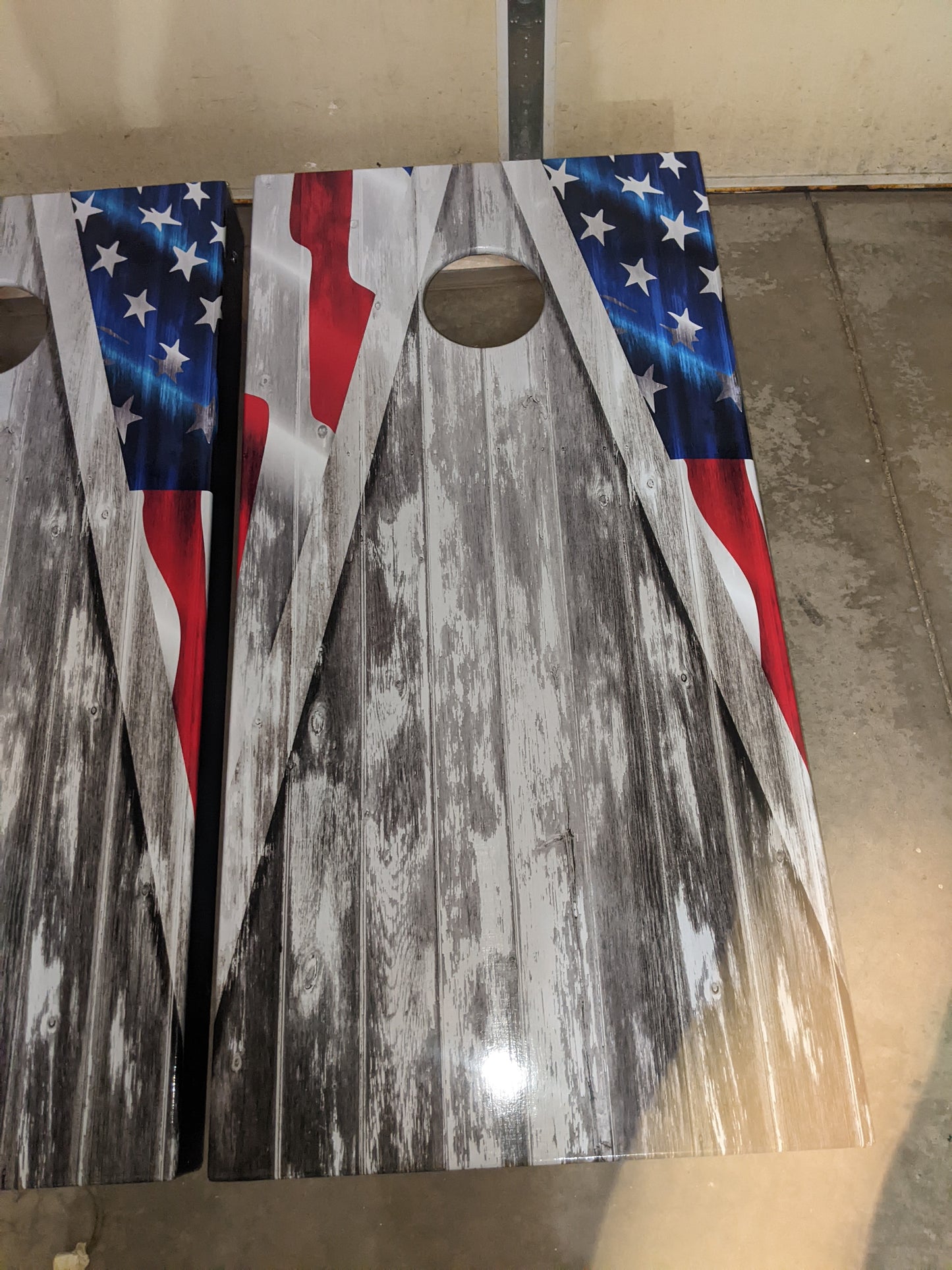 American Flag Cornhole Gray Wood Triangle Board Decal Wrap customer image 3