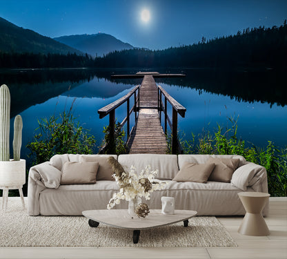 Moonlight Lake Pier Custom Designed Wallpaper