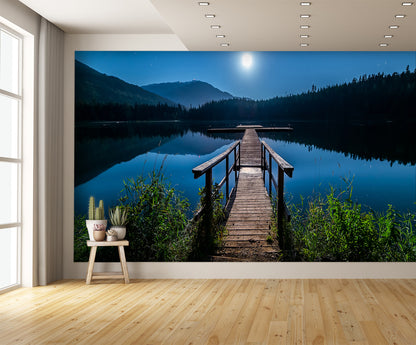 Moonlight Lake Pier Custom Designed Wallpaper