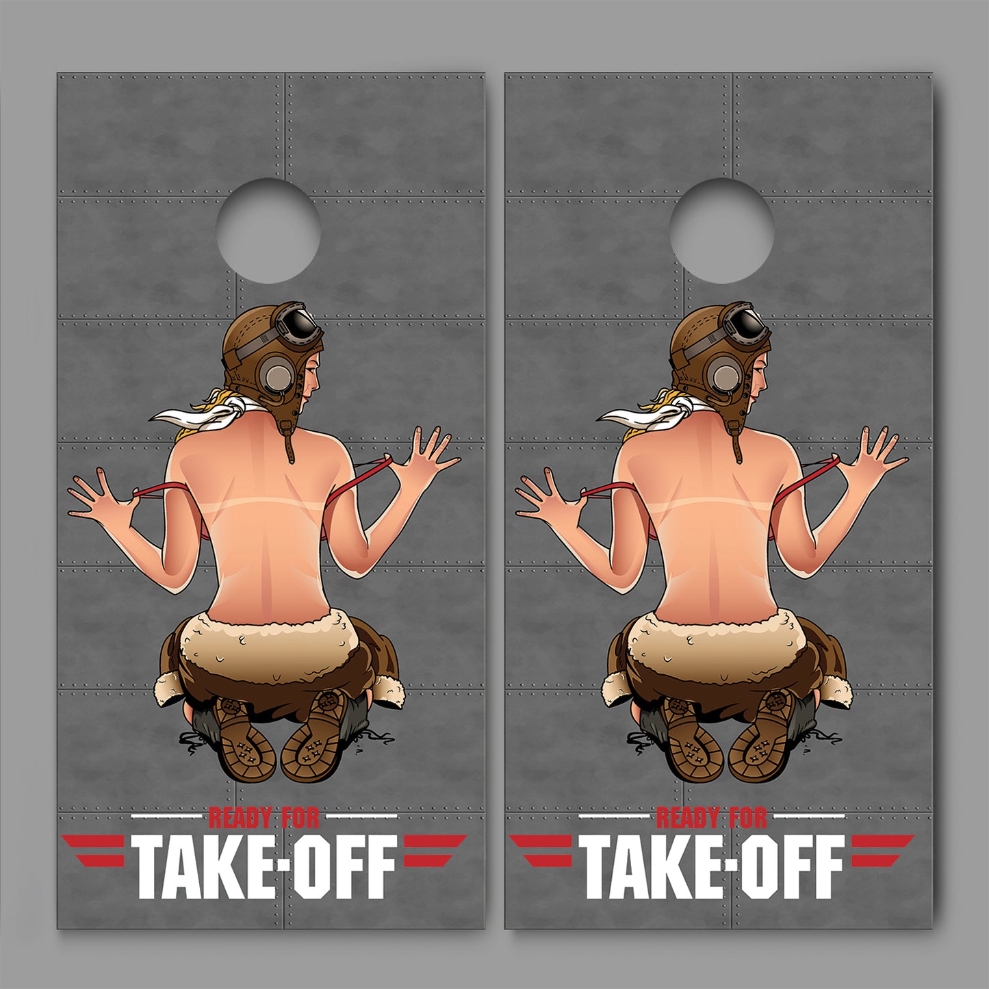 Pin Up Girl Ready For Take Off Airplane Rivets Design Cornhole Board Decal Wraps