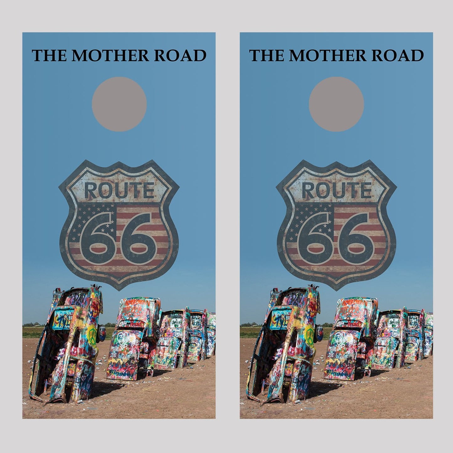 Route 66 Cadillac Ranch Cornhole Board Decal Wraps