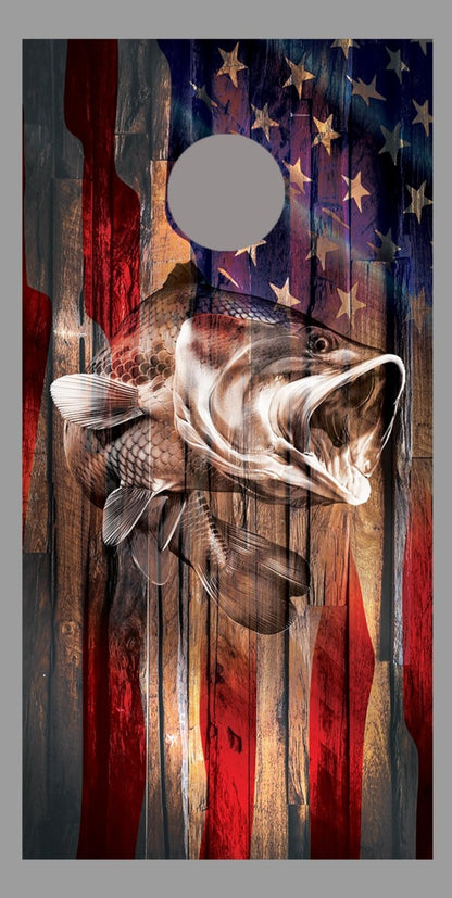 Rustic Wood Bass American Flag Cornhole Decal Fishing Wrap single