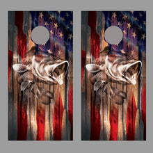 Rustic Wood Bass American Flag Cornhole Decal Fishing Wrap set
