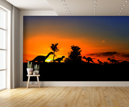 Silhouettes of Dinosaurs in the Forest on Sunset Wall Mural
