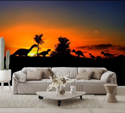 Silhouettes of Dinosaurs in the Forest on Sunset Wall Mural