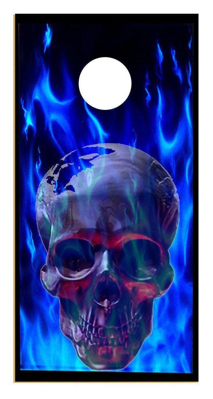 Awesome Blue Flames Skull Corn hole wrap Decal sticker