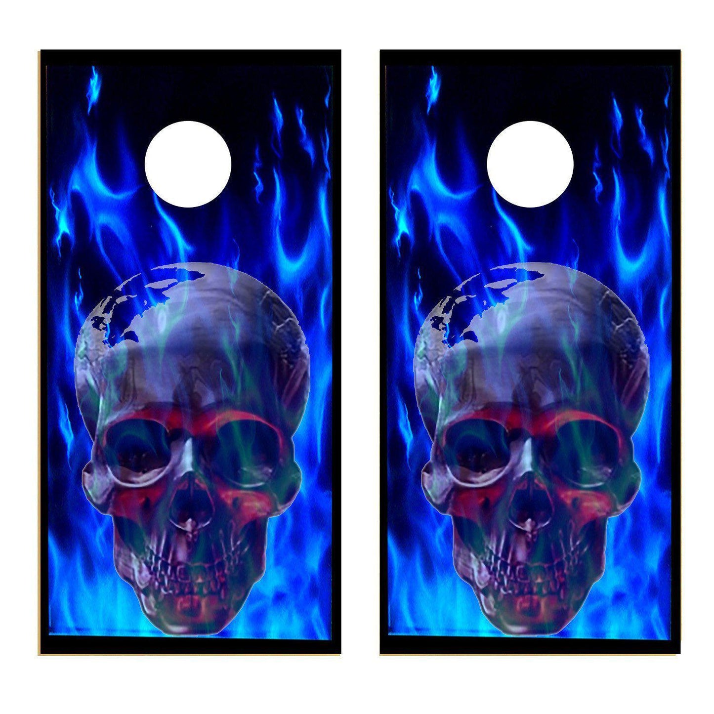 Awesome Blue Flames Skull Corn hole wrap Decal sticker