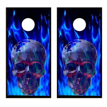 Awesome Blue Flames Skull Corn hole wrap Decal sticker