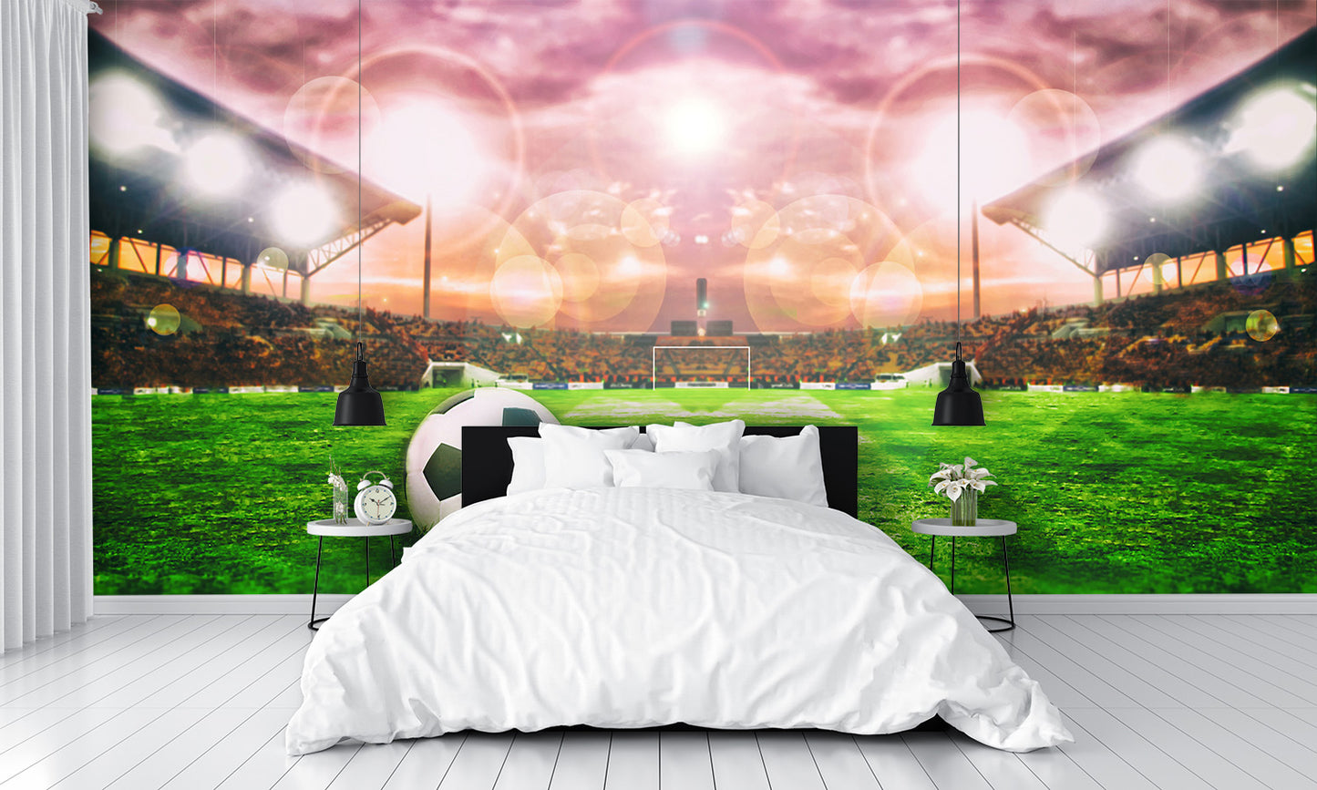Soccer Ball On Green Field of Football Stadium Wall Mural