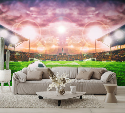 Soccer Ball On Green Field of Football Stadium Wall Mural