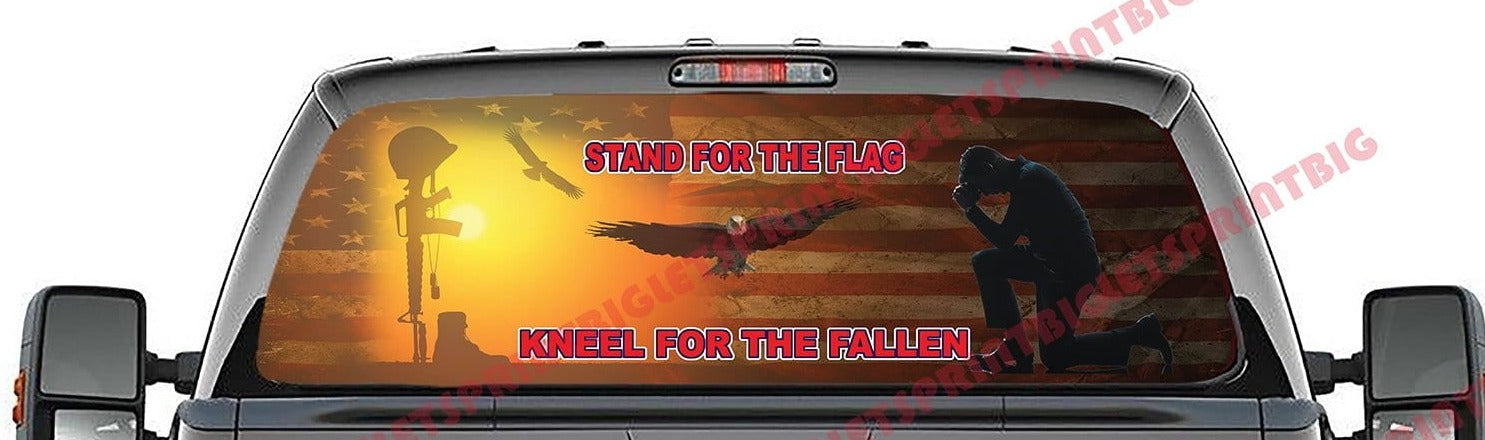 Stand for the American Aged Flag Kneel for the Fallen two bald eagles Rear Window Decal