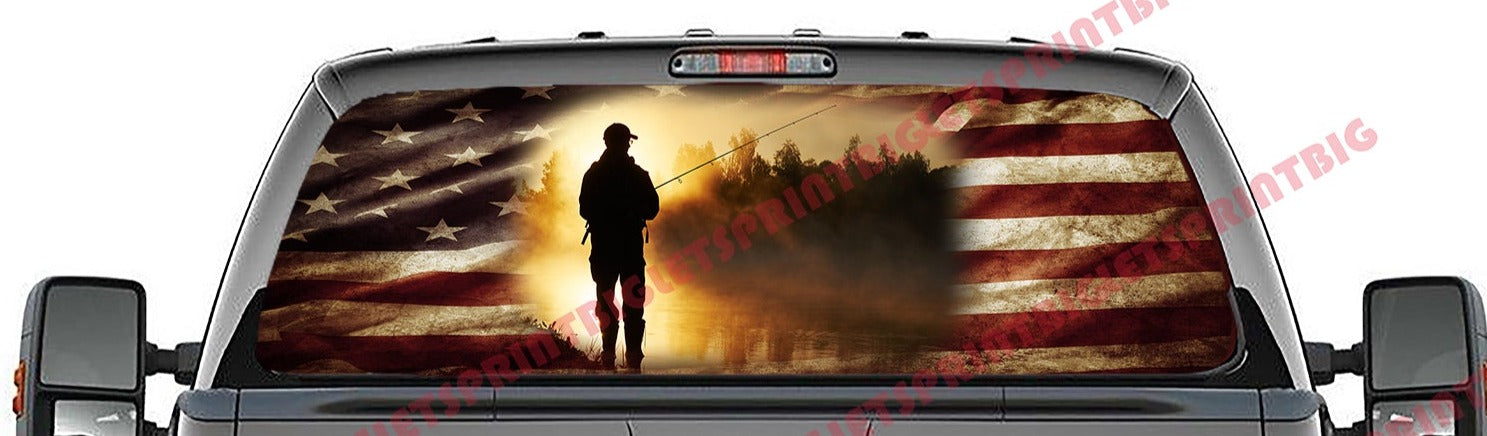 American Flag Fisherman Bank Sunrise Rear Window Decal