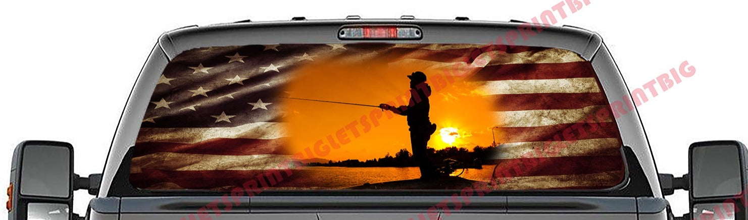American Flag Fisherman Boat Sunset Rear Window Decal