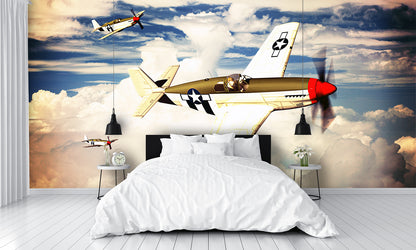 Three P-51 Mustang Airplanes Flying in the Clouds Wallpaper Mural