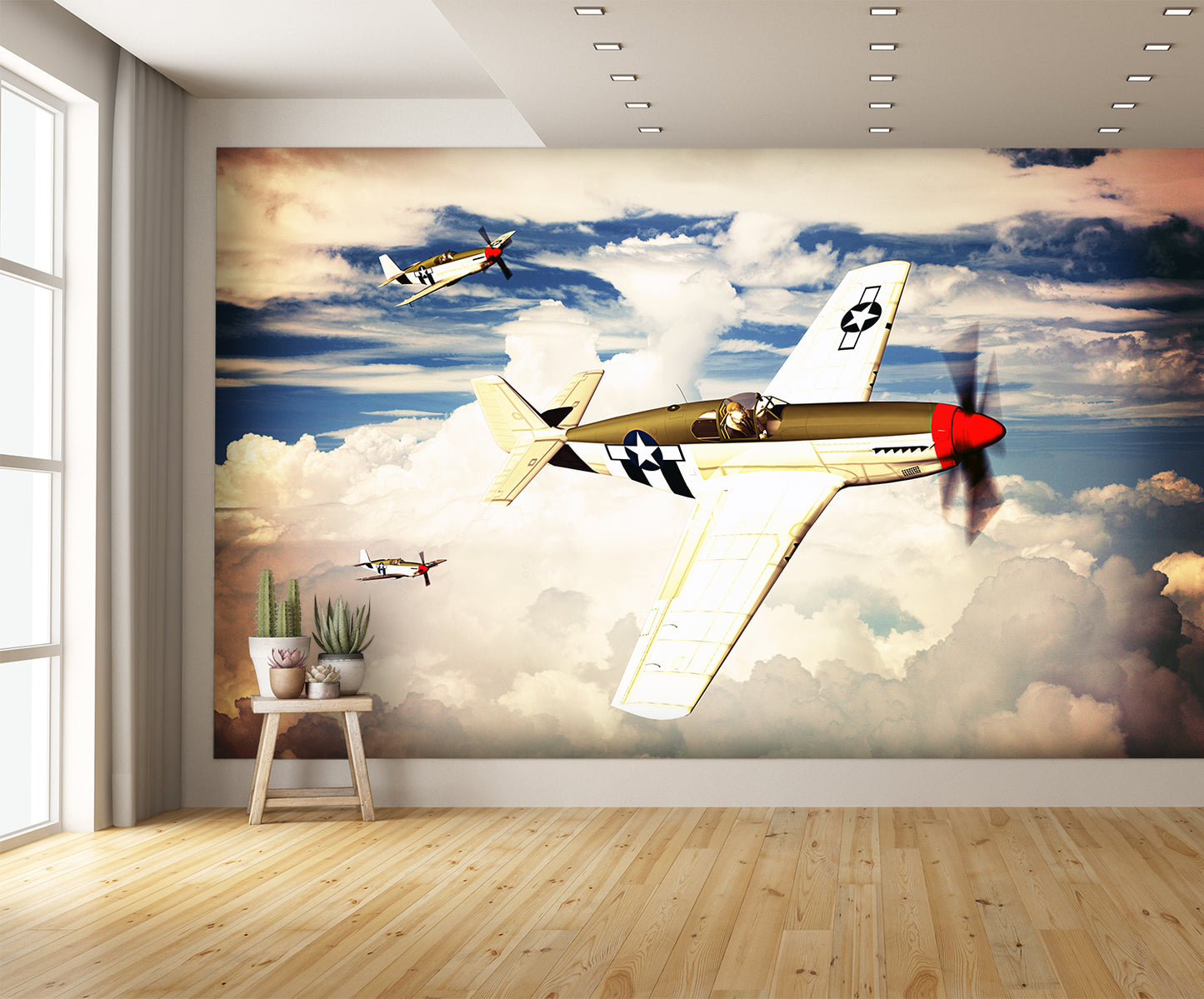 Three P-51 Mustang Airplanes Flying in the Clouds Wallpaper Mural