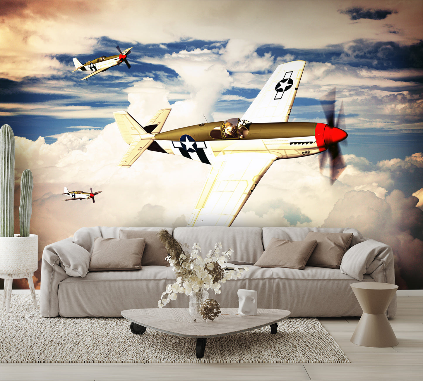 Three P-51 Mustang Airplanes Flying in the Clouds Wallpaper Mural