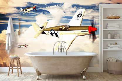 Three P-51 Mustang Airplanes Flying in the Clouds Wallpaper Mural