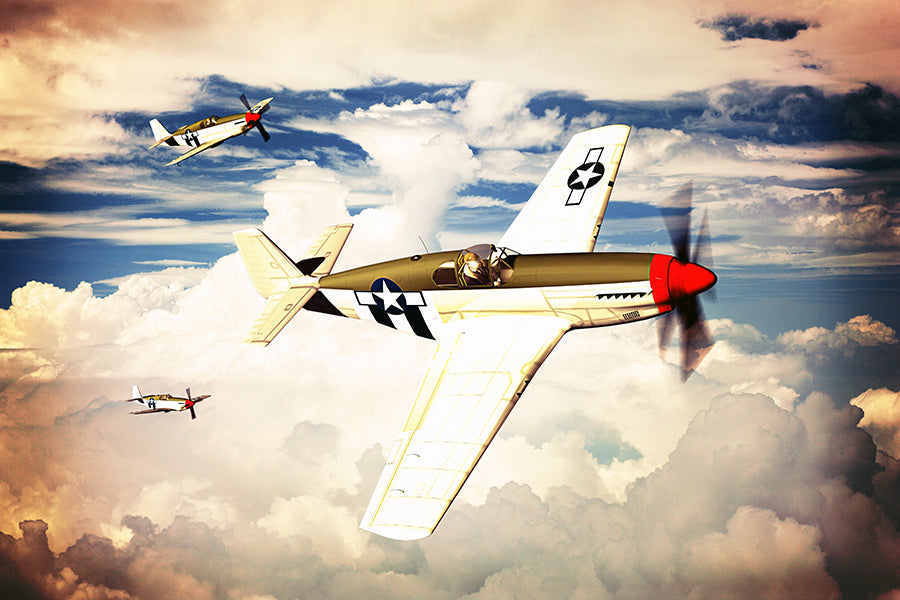 Three P-51 Mustang Airplanes Flying in the Clouds Wallpaper Mural