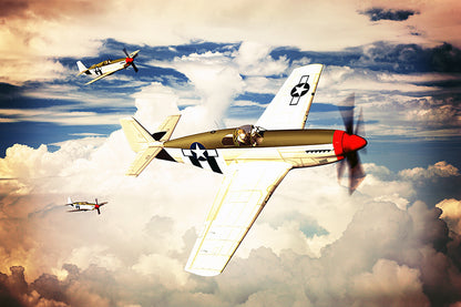 Three P-51 Mustang Airplanes Flying in the Clouds Wallpaper Mural