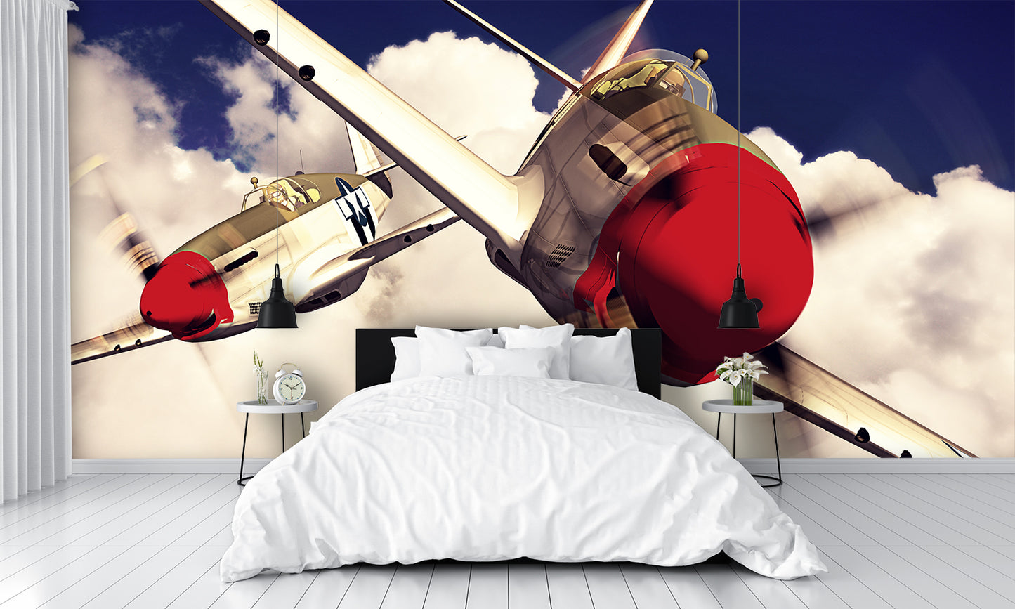 Two P-51 Mustang Airplanes Flying in the Clouds Wallpaper Mural
