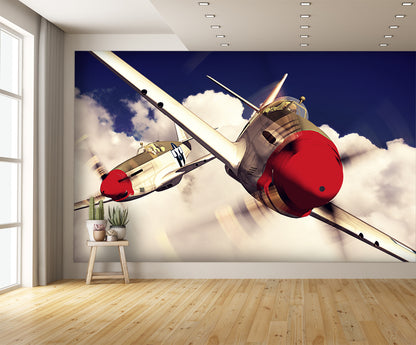 Two P-51 Mustang Airplanes Flying in the Clouds Wallpaper Mural