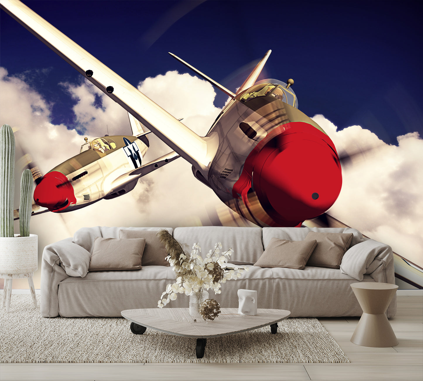 Two P-51 Mustang Airplanes Flying in the Clouds Wallpaper Mural