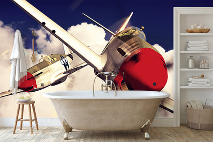 Two P-51 Mustang Airplanes Flying in the Clouds Wallpaper Mural