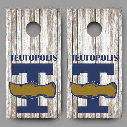 Teutopolis White Washed Wood Background Design Cornhole Board Decal Wraps