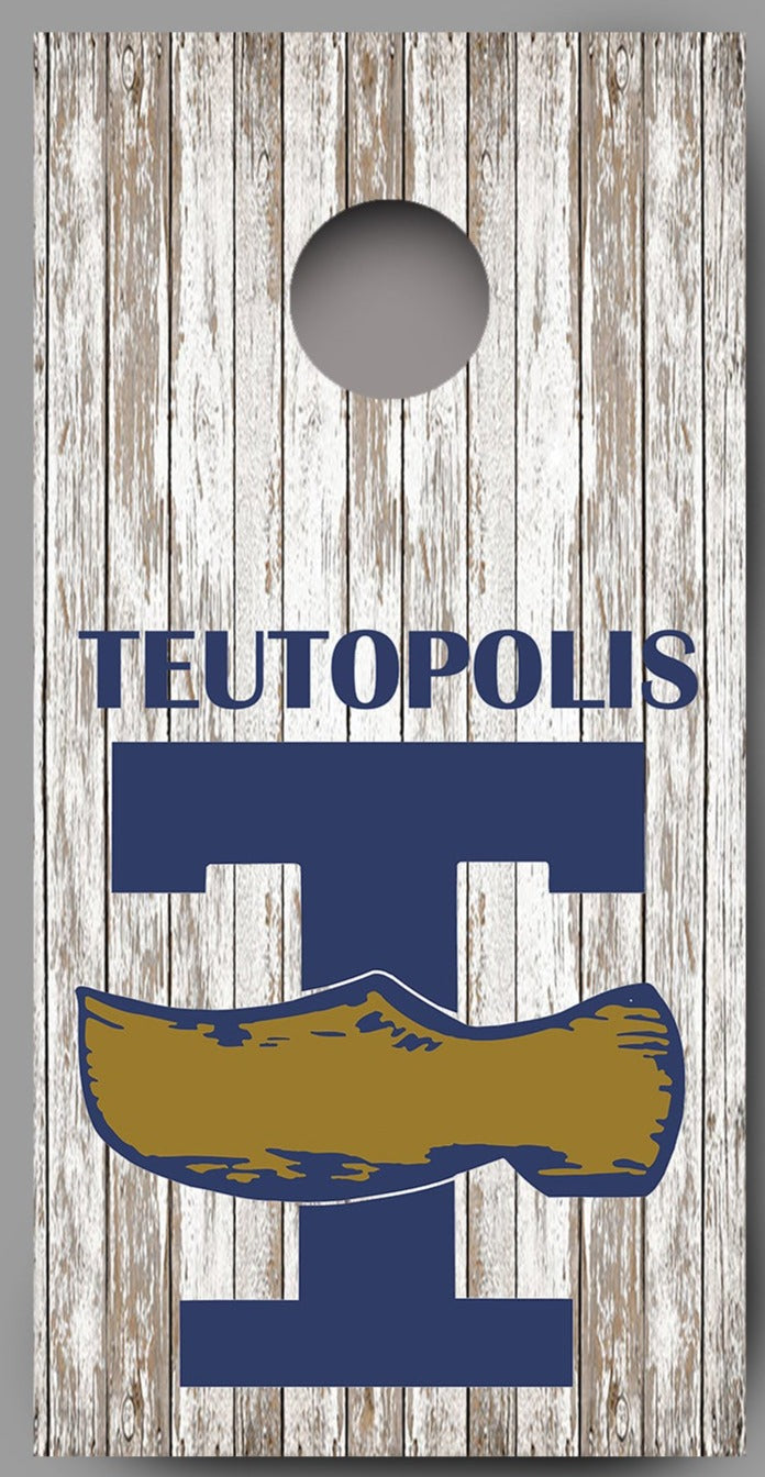 Teutopolis White Washed Wood Background Design Cornhole Board Decal Wraps