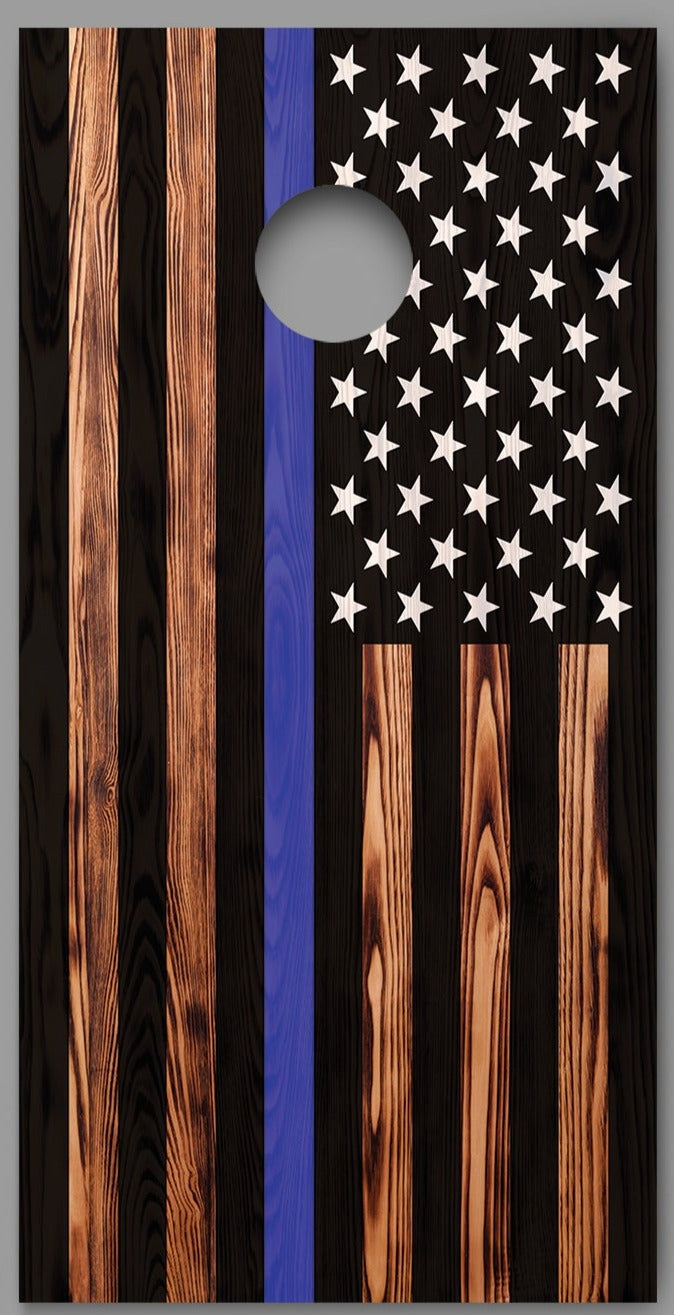 Thin Blue Line Burnt Wood Flag American Corn hole Decal Wrap