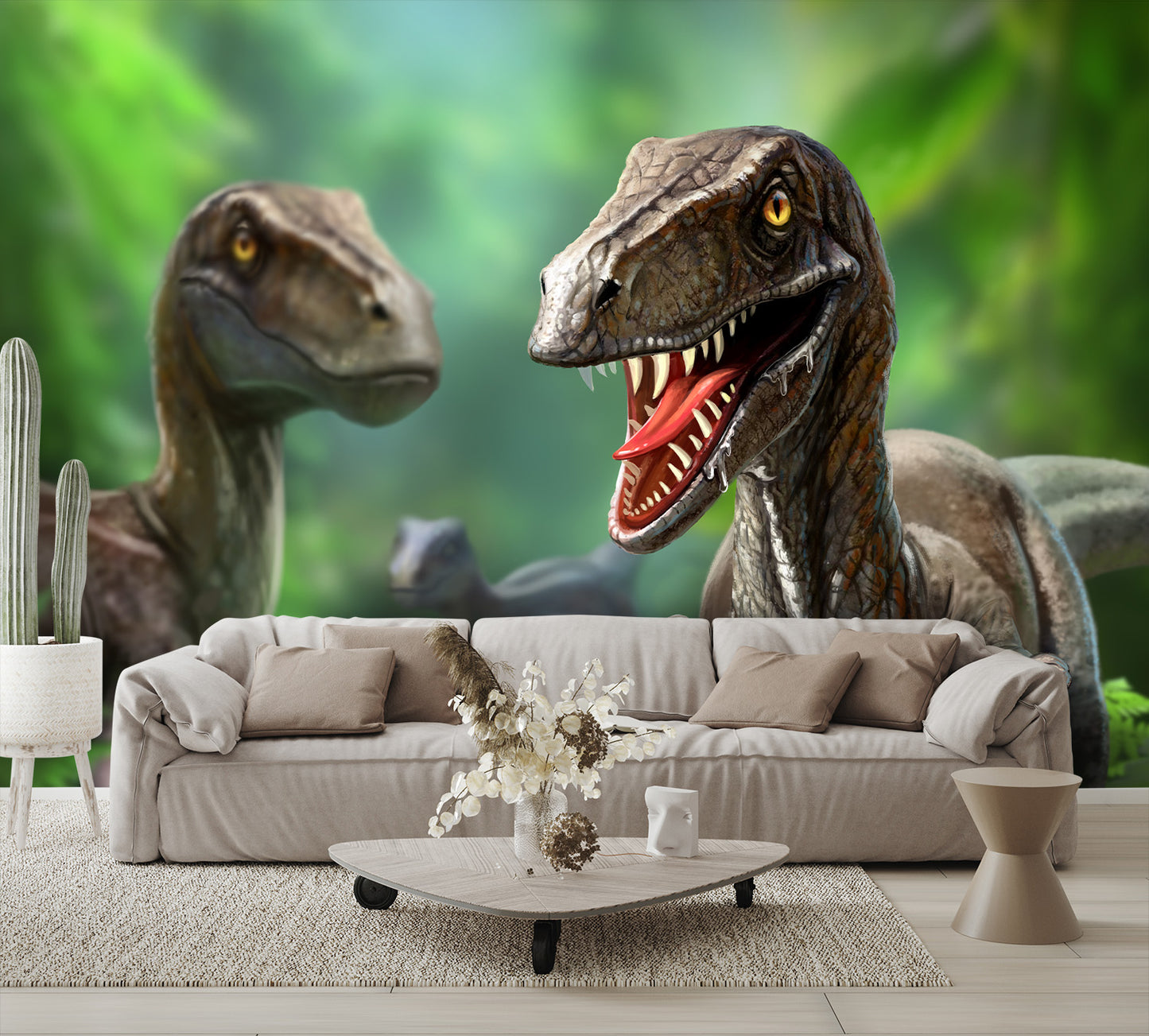 Three Dinosaurs Velociraptors in Nature Wall Mural