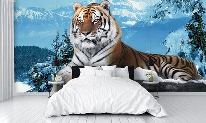 Tiger in the Snow and Mountains Wall Mural