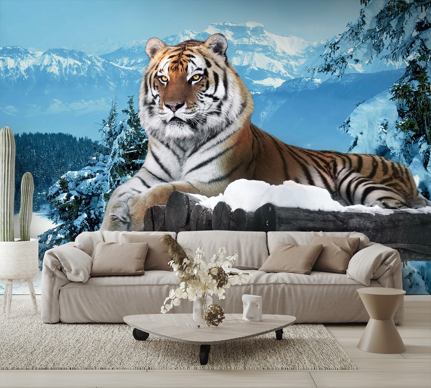 Tiger in the Snow and Mountains Wall Mural